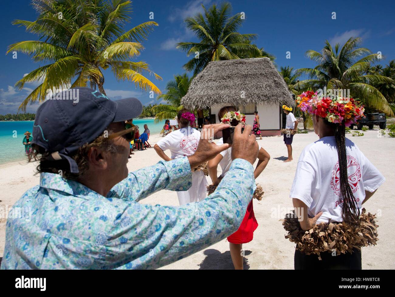 France, French Polynesia, Aranui 5 freighter and passenger ship cruise to the Marquesas archipelago, Port of call in Takapoto atoll, dances for the tourists performed by local amateur women Stock Photo