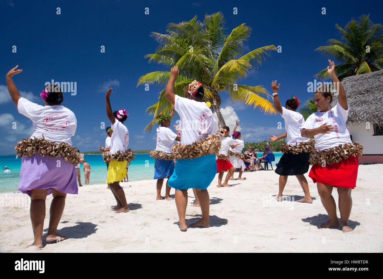 France, French Polynesia, Aranui 5 freighter and passenger ship cruise to the Marquesas archipelago, Port of call in Takapoto atoll, dances for the tourists performed by local amateur women Stock Photo
