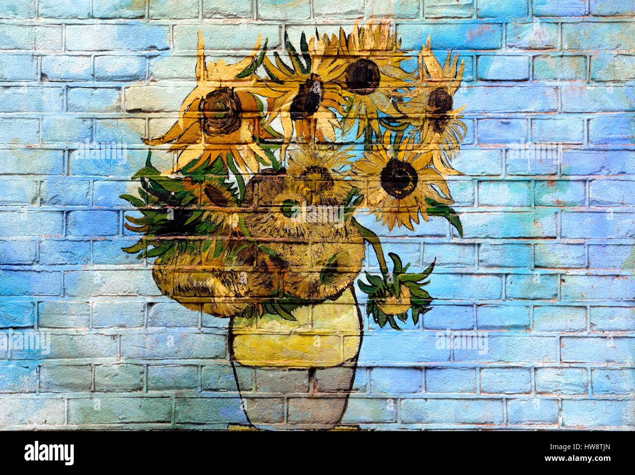 Netherlands, Holland, Amsterdam, reproduction of Van Gogh's sunflowers on the wall of a house Stock Photo