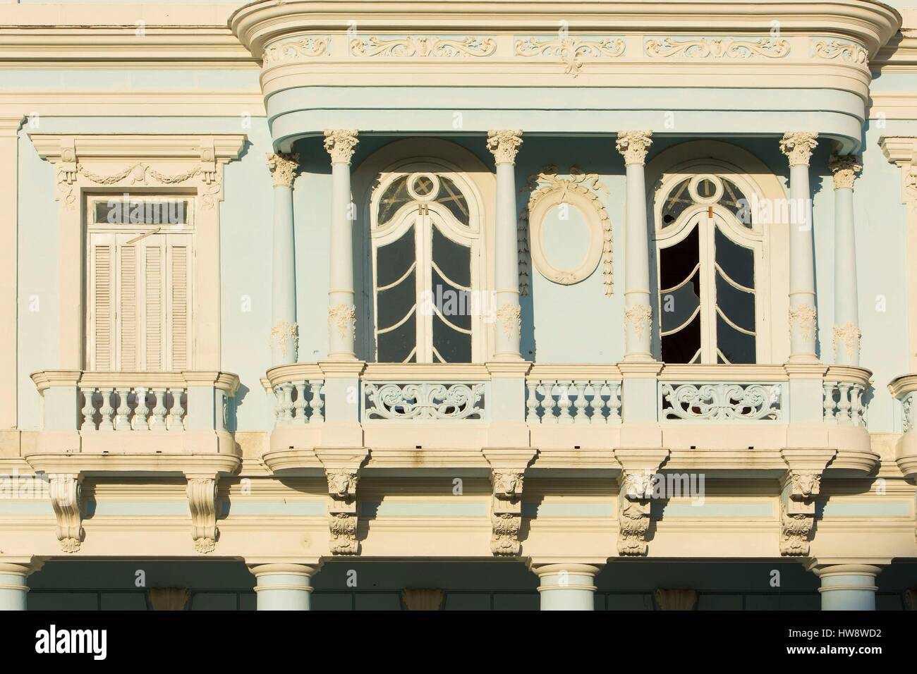 Cuba, Cienfuegos province, Cienfuegos, historical center listed as World Heritage by UNESCO, detail of the facade of the Casa de la Cultura Benjamin Duarte former Palacio de Ferrer built in 1918 located in Jose Marti square Stock Photo