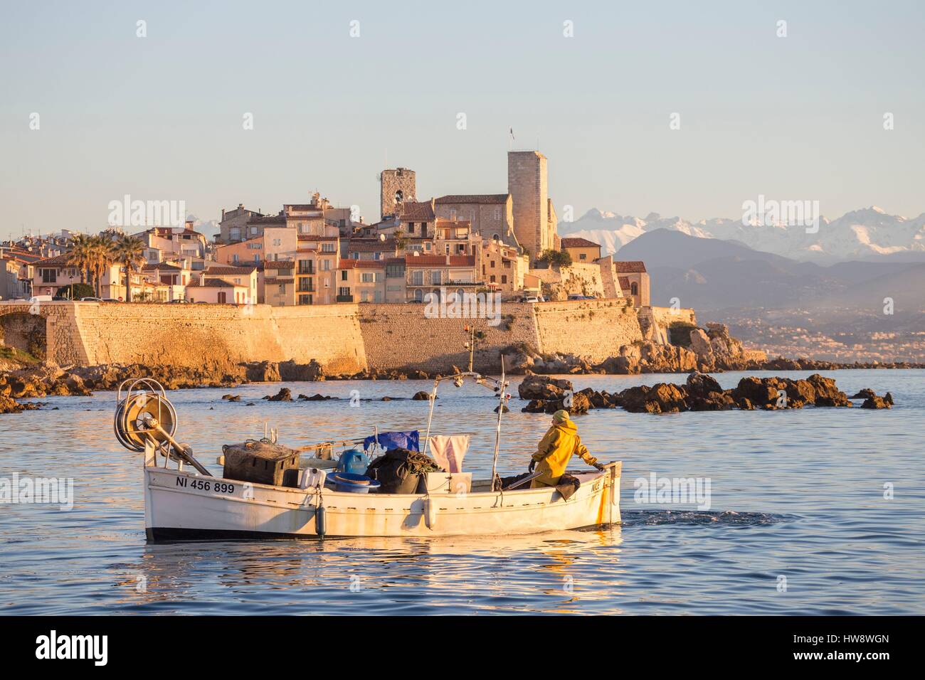 France, Alpes Maritimes, fisherman on its traditional boat called ...