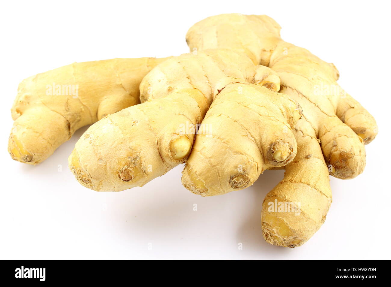 composition of a fresh ginger rhizome isolated on a white backgound Stock Photo