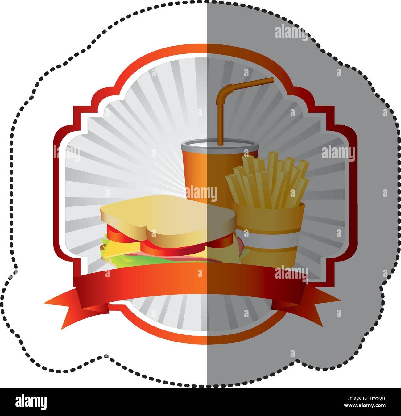 French Fries Ribbon color french fries, sandwich and soda inside emblem ribbon Stock Vector ...