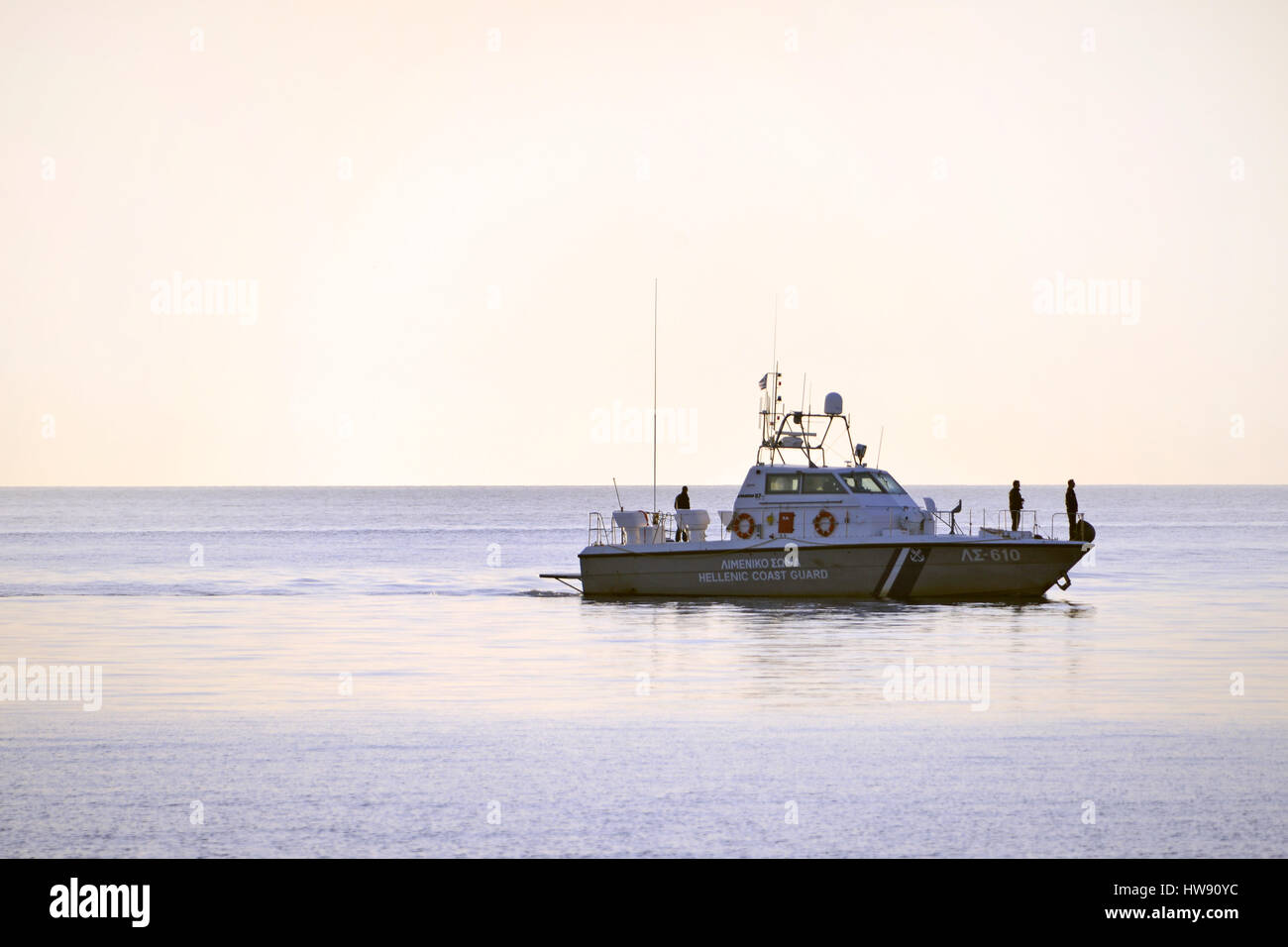 Greek coastguard arriving at the harbor of Molivos Lesvos Stock Photo