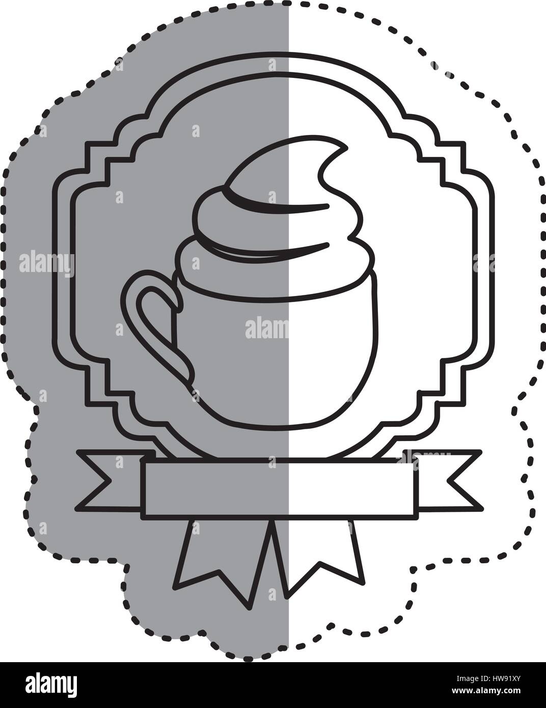 sticker silhouette border heraldic decorative ribbon with cup of cappuccino with cream Stock Vector