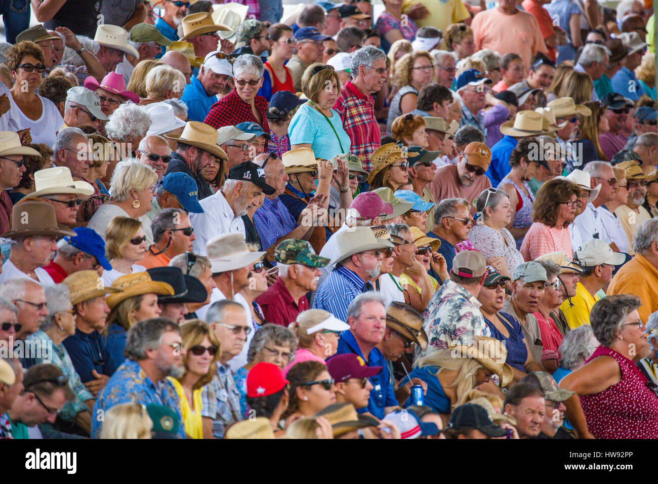 Crowd of people in bleachers at spectator sporting event Stock Photo