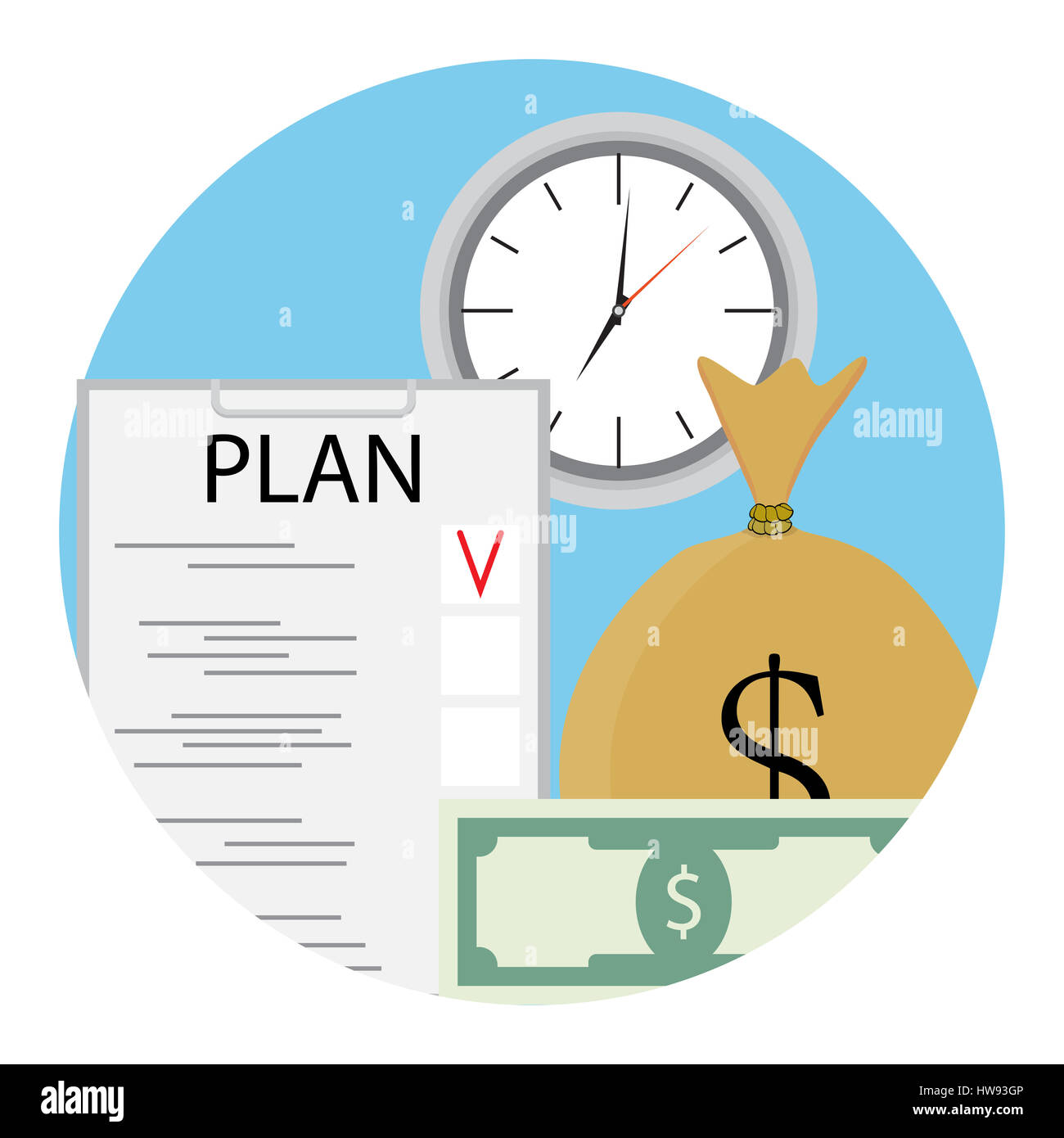 Plan time and money. Clipboard plan finance, productive work and business. Vector illustration Stock Photo
