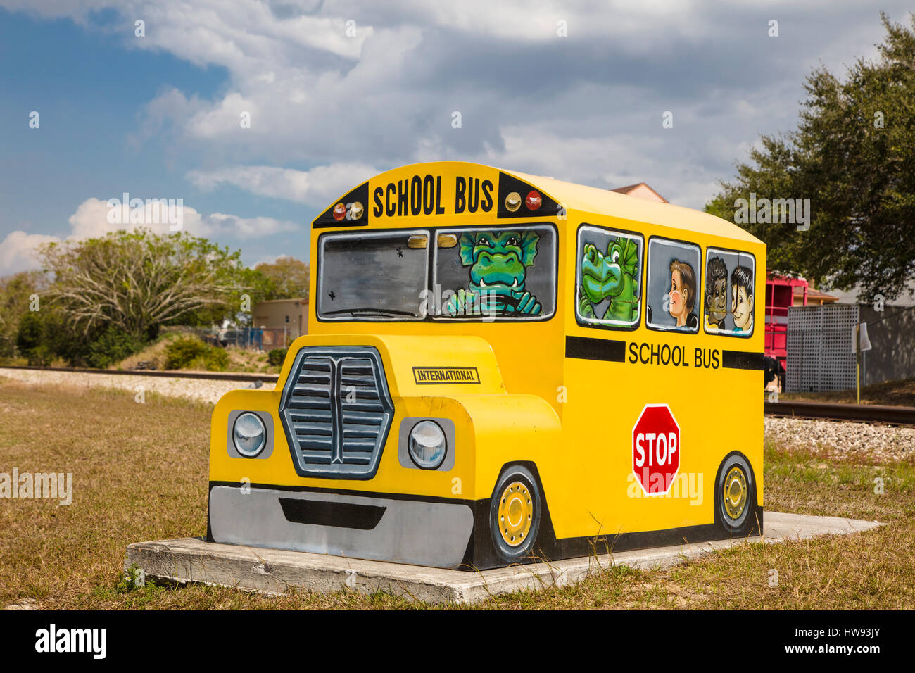 Painted decorated trash bins in  Lake Placid Florida known as the Town of Murals Stock Photo