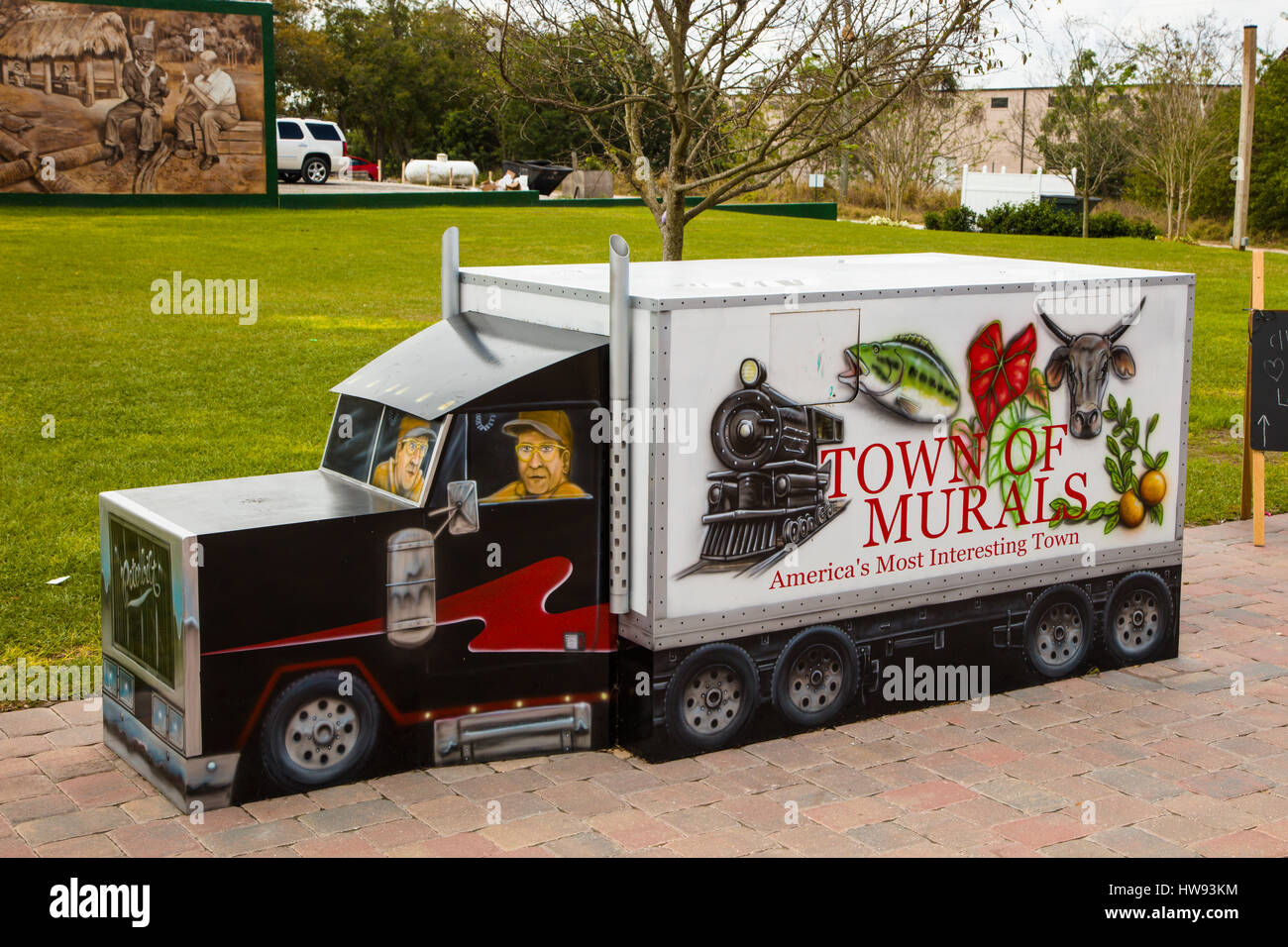 Painted decorated trash bins in  Lake Placid Florida known as the Town of Murals Stock Photo