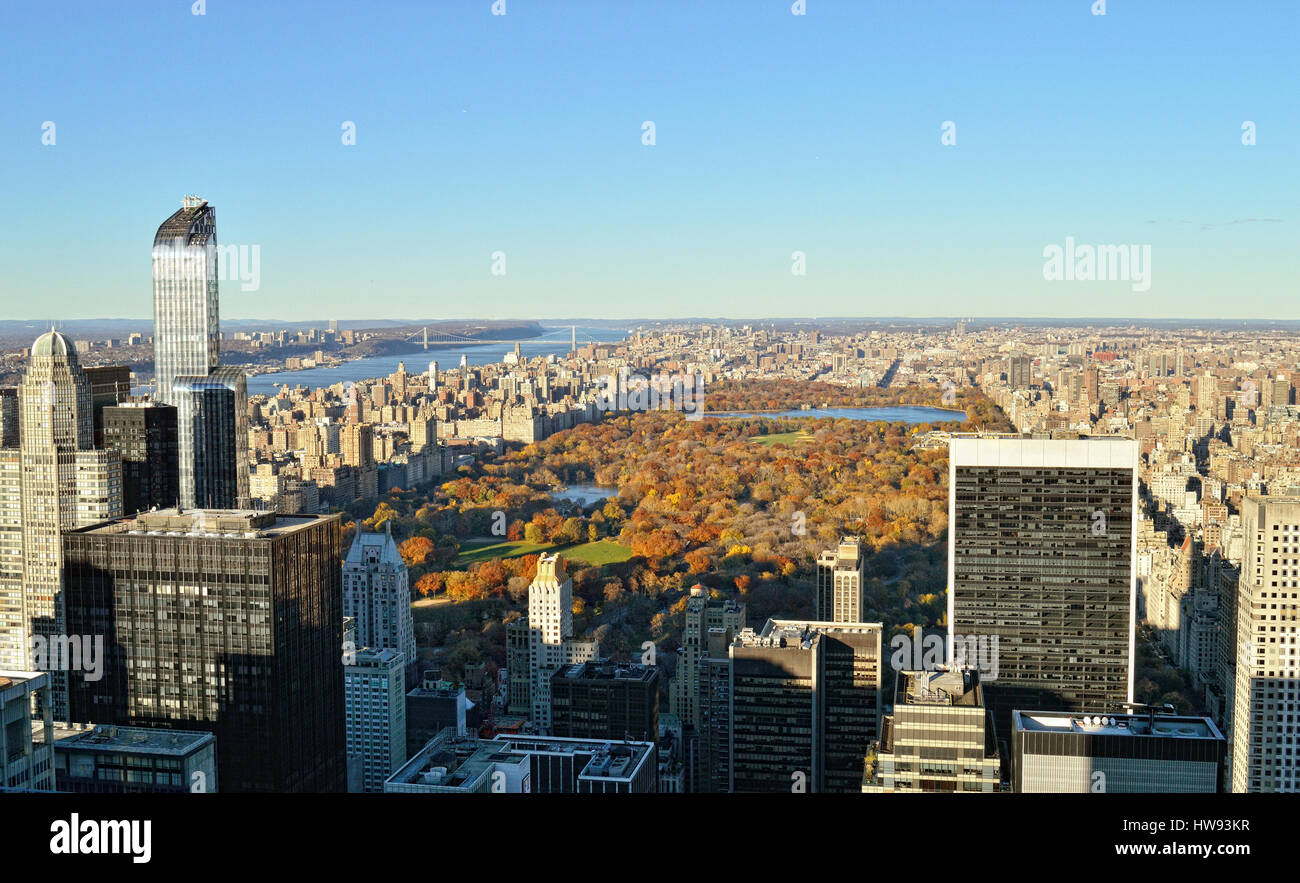 View of the Manhattan with Central Park at sunny day. Stock Photo