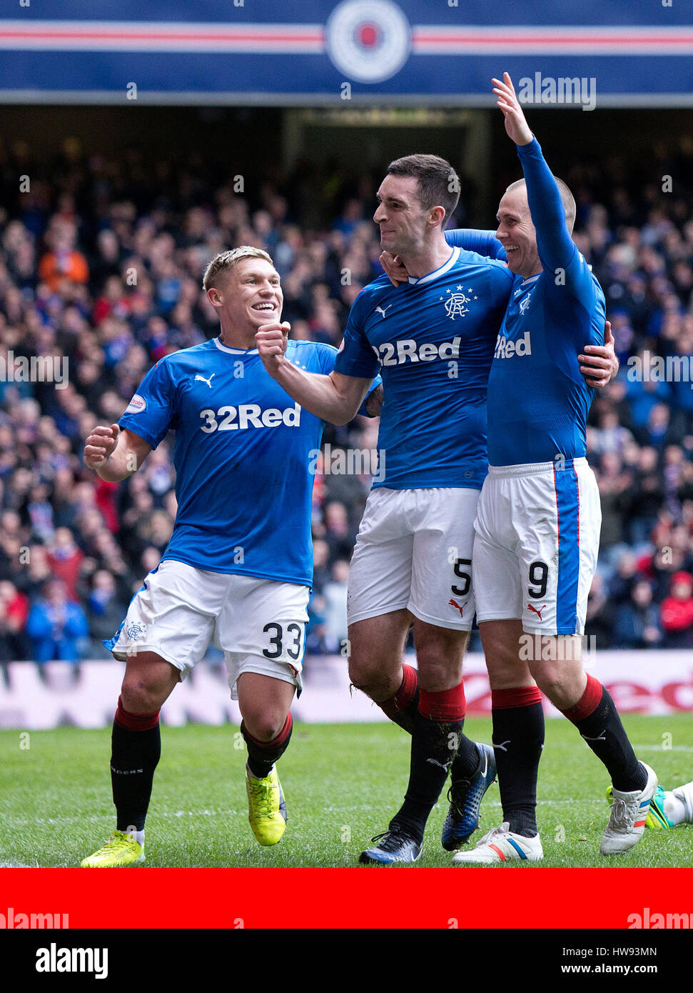 Rangers FC via Press Association Images Rangers captain Lee Wallace  celebrates his goal with Kenny Miller & Martyn Waghorn during the Ladbrokes  Premiership match at Ibrox Stadium, Glasgow Stock Photo - Alamy