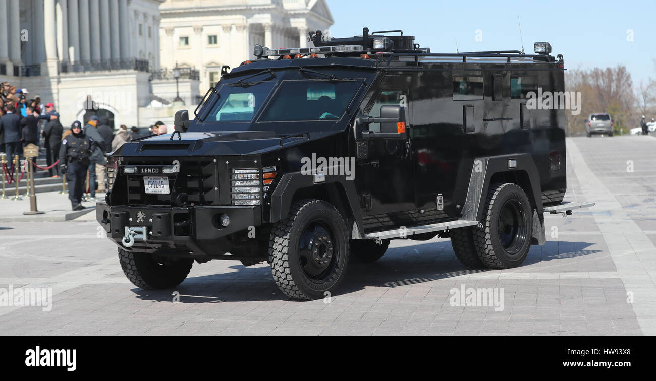 A Secret Service armoured car at the Capitol Building in Washington, USA. Stock Photo