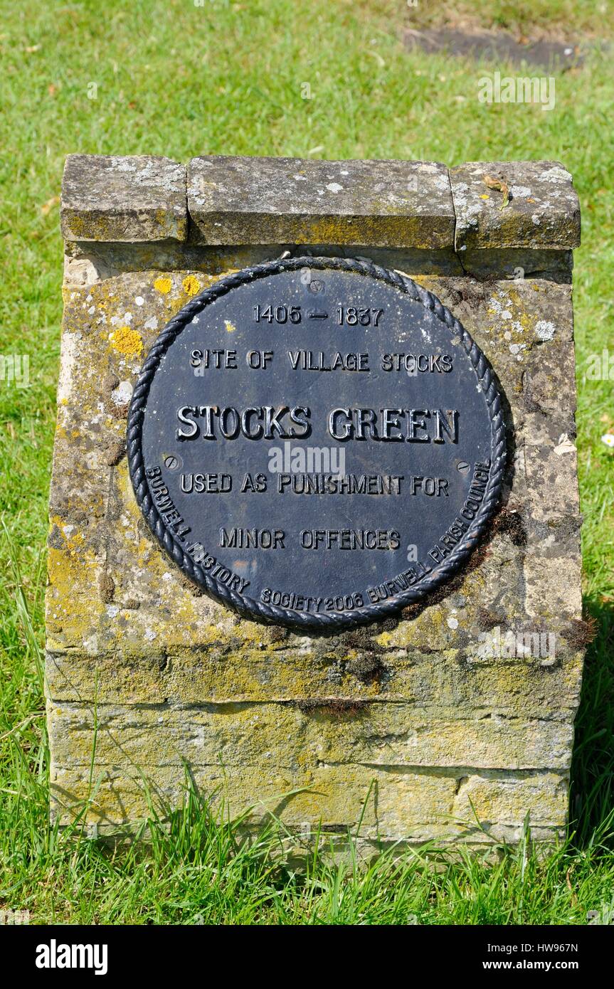 Plaque where stocks stood on Stocks Green, Burwell, Cambridgeshire Stock Photo