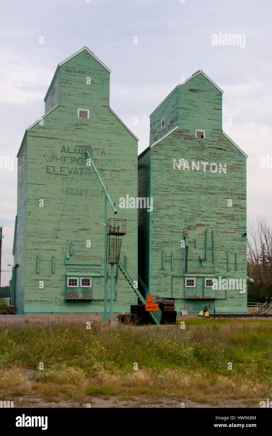 Grain Elevators at Nanton, Alberta, Canada Stock Photo