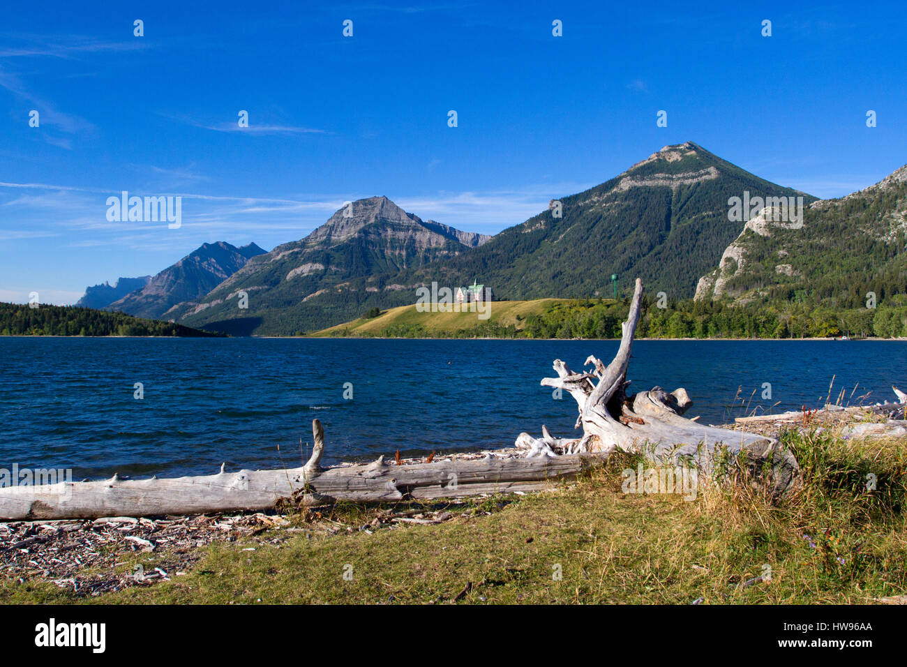 Scenic view of Lower Waterton Lake in Waterton Lakes Park, Alberta, Canada looking towards the Prince of Wales Hotel Stock Photo