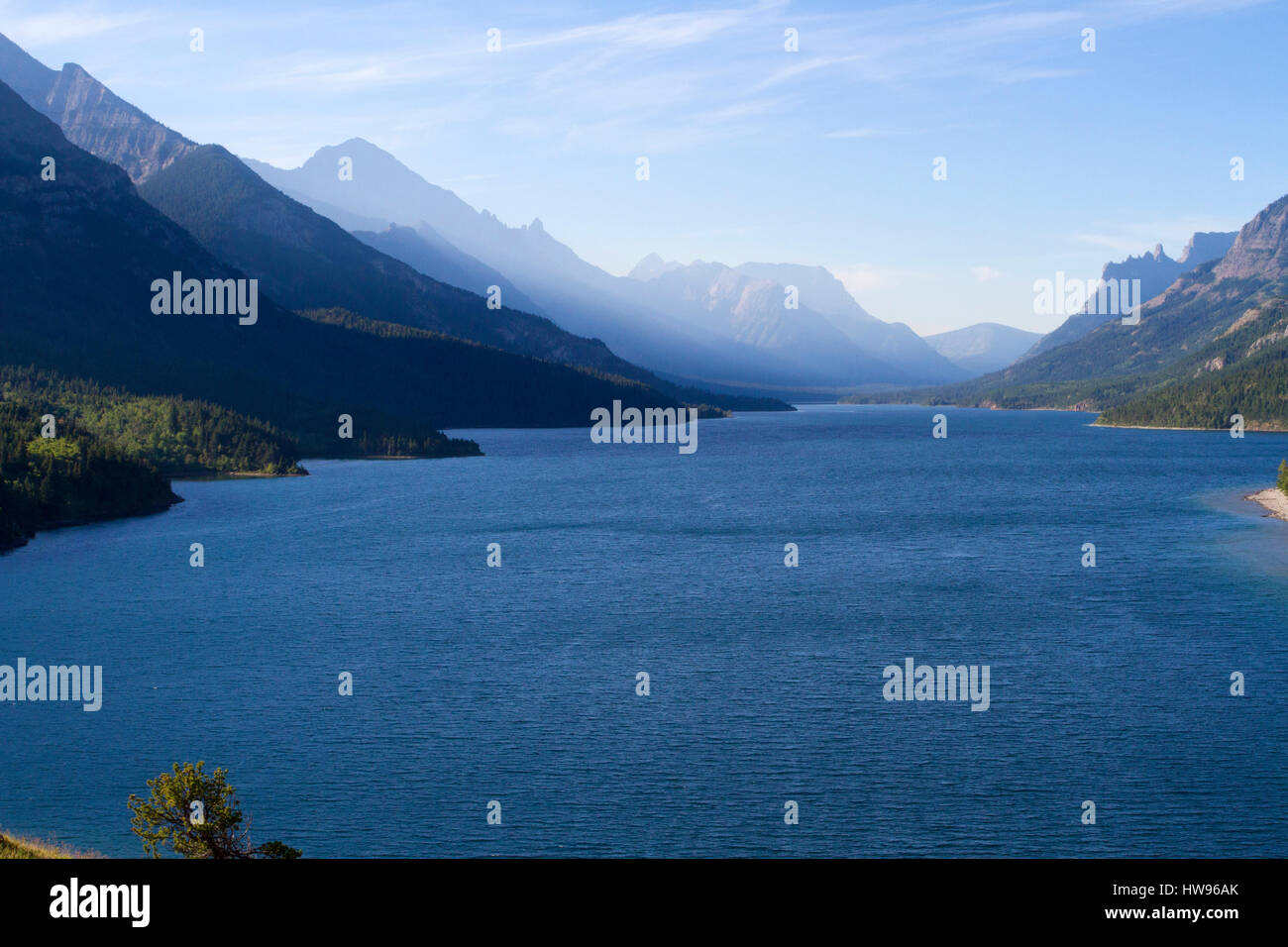 Scenic view of Upper Waterton Lake in Waterton Lakes Park, Alberta, Canada from the grounds around the Prince of Wales Hotel Stock Photo
