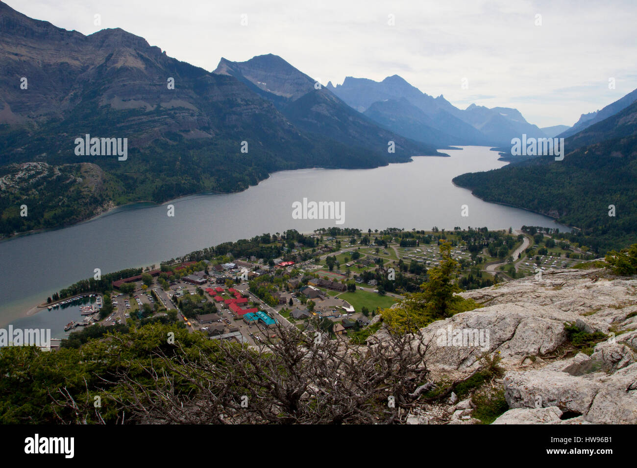 Scenic view of Upper Waterton Lake in Waterton Lakes Park, Alberta, Canada  from the top of the Bears Hump, a short, strenuous but rewarding climb. Stock Photo