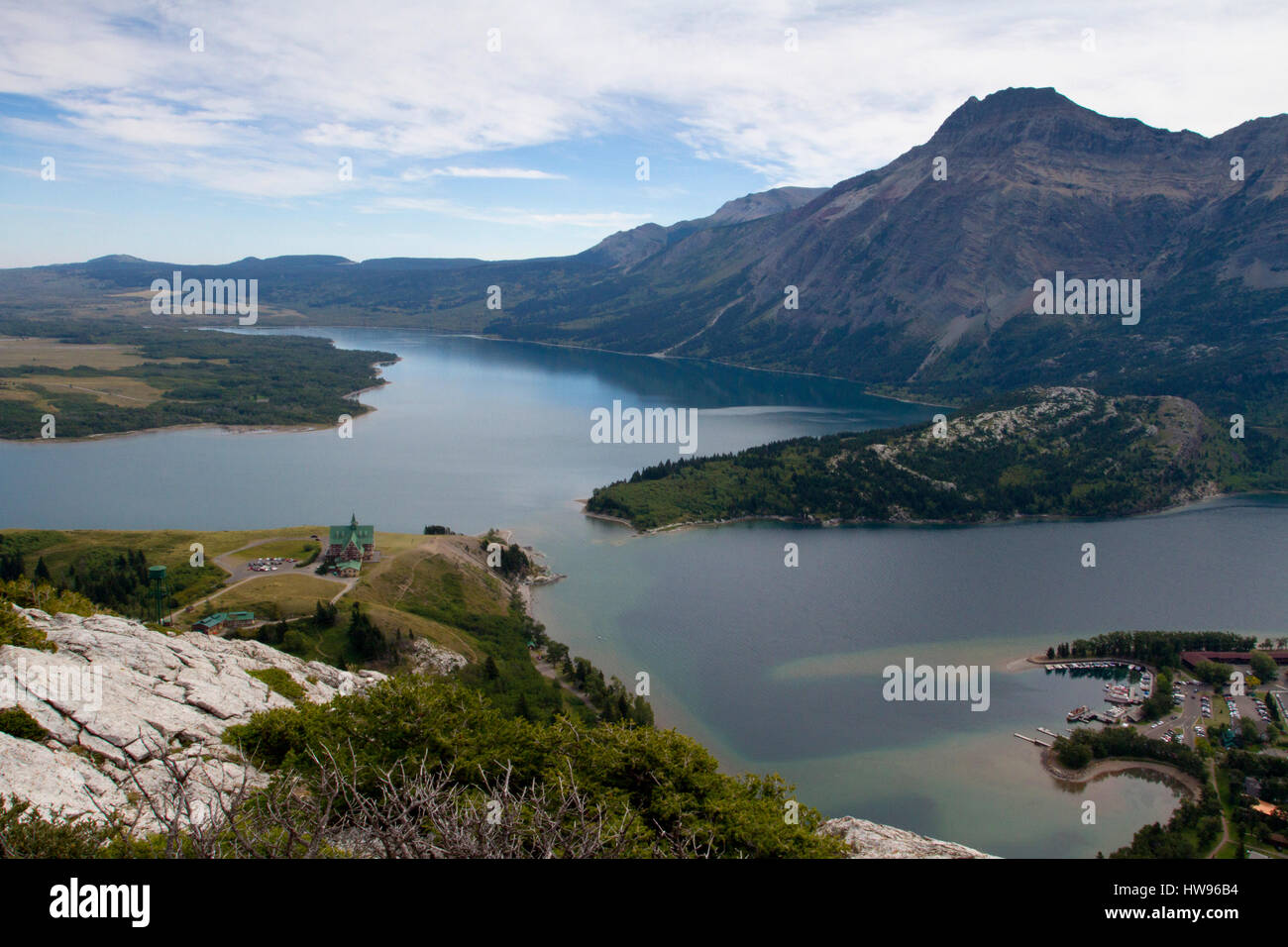 Scenic view of  Lower Waterton Lake in Waterton Lakes Park, Alberta, Canada  from the top of the Bears Hump, a short, strenuous but rewarding climb. Stock Photo