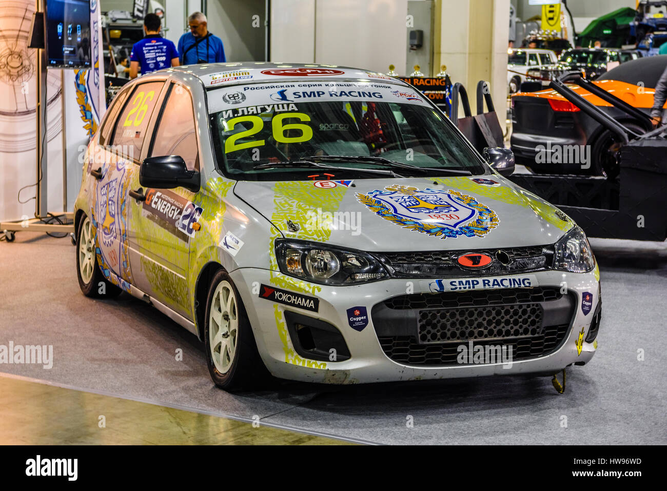 MOSCOW - AUG 2016: Lada VAZ Kalina 2192 SMP Racing presented at MIAS Moscow International