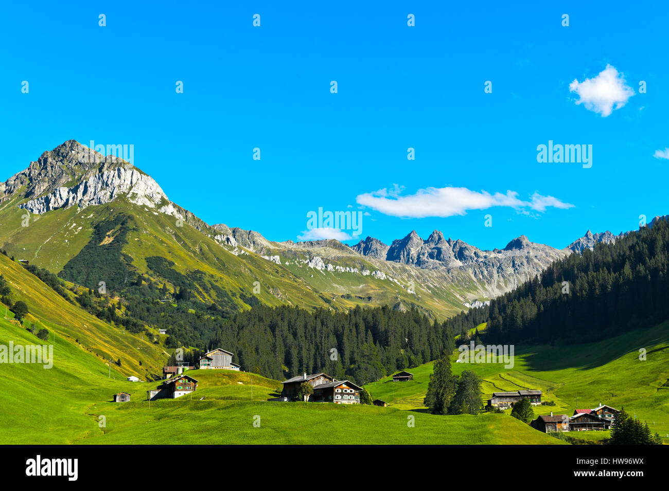 Mountain landscape with scattered settlement in the Prättigau to St. Antönien, Canton of Grisons, Switzerland Stock Photo
