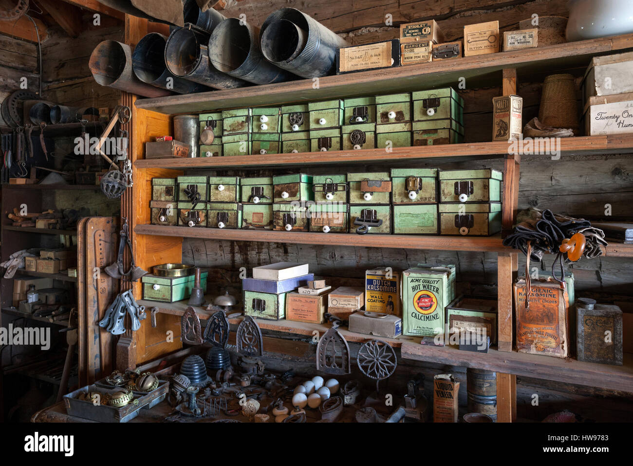 Old Shop, Wild West open-air museum, Nevada City Museum, former gold mining town, Ghost Town, Montana Province, USA Stock Photo