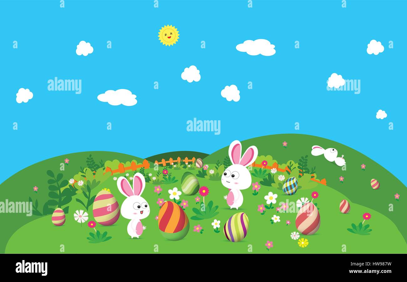 Colorful happy Easter greeting card with eggs and bunny Stock Vector ...