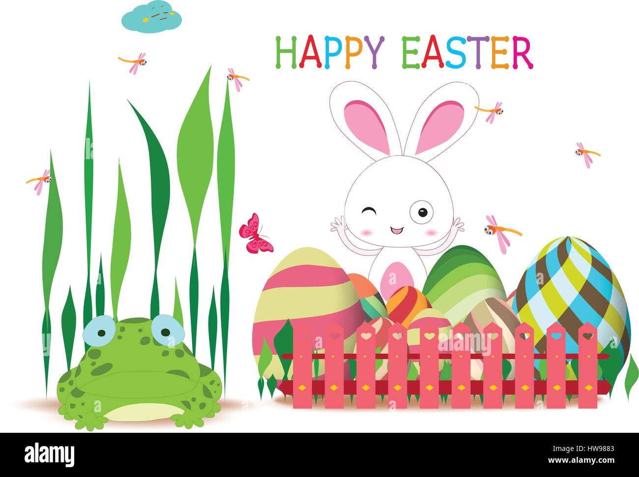 easter eggs fence with spring bunny and frog Stock Vector