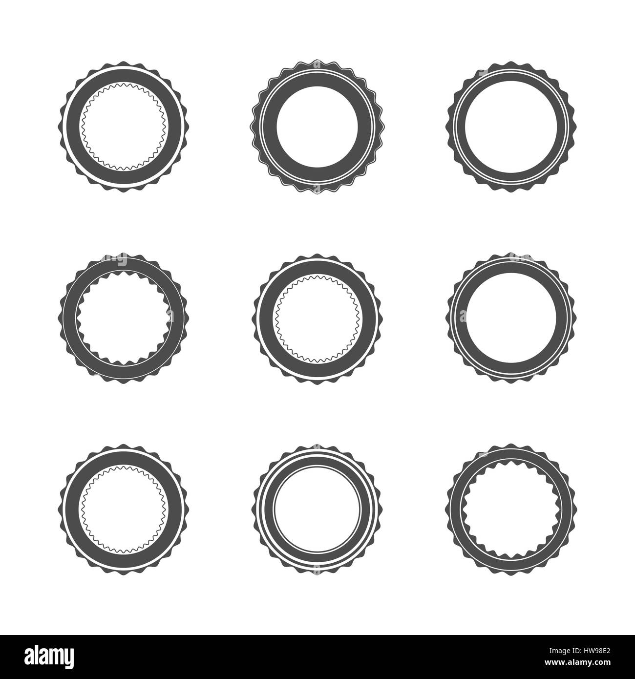 Set of nine gray different emblems, isolated on white background in vintage retro style. Template for seals and stamps, material for logos, vector ill Stock Vector