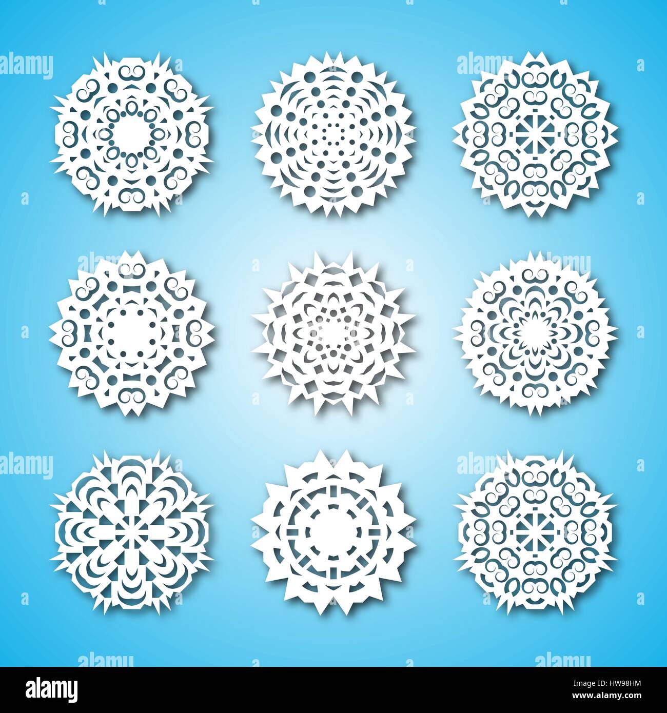 Set paper snowflakes with shadow, isolated on a blue background ...