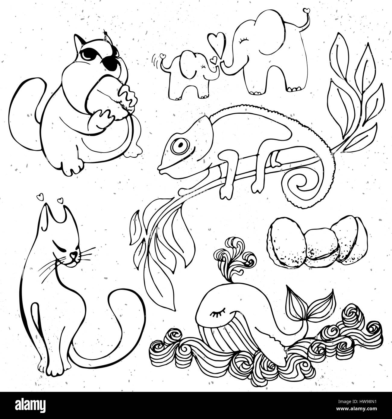 Cute animals silhouette - cartoon hamster, whale, elephant, chameleon Stock Vector