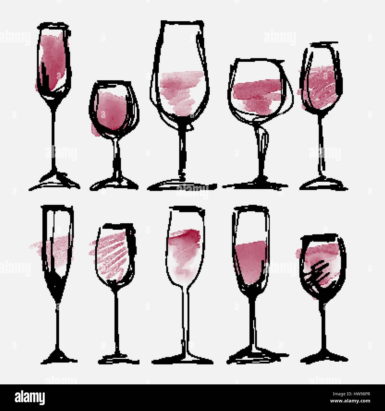 Wine glass set - collection sketched watercolor wineglasses and silhouette Stock Vector