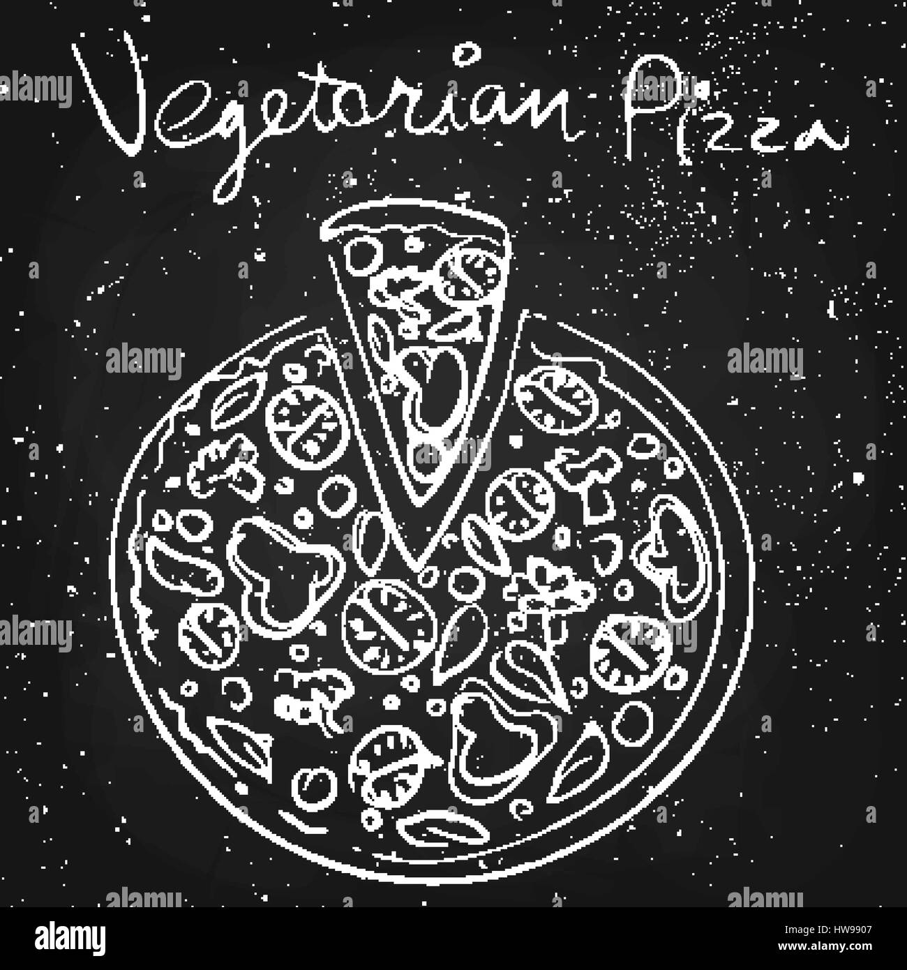 Vegetable pizza, drawn in chalk on a blackboard Stock Vector