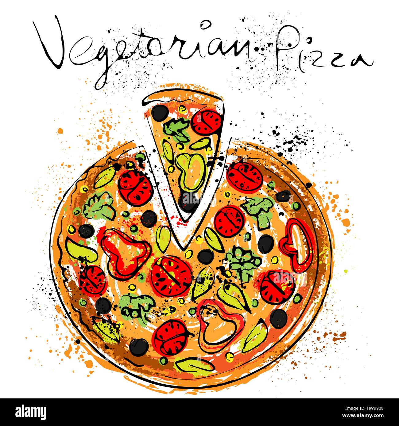 Vegetable pizza, drawn in chalk on a blackboard Stock Vector