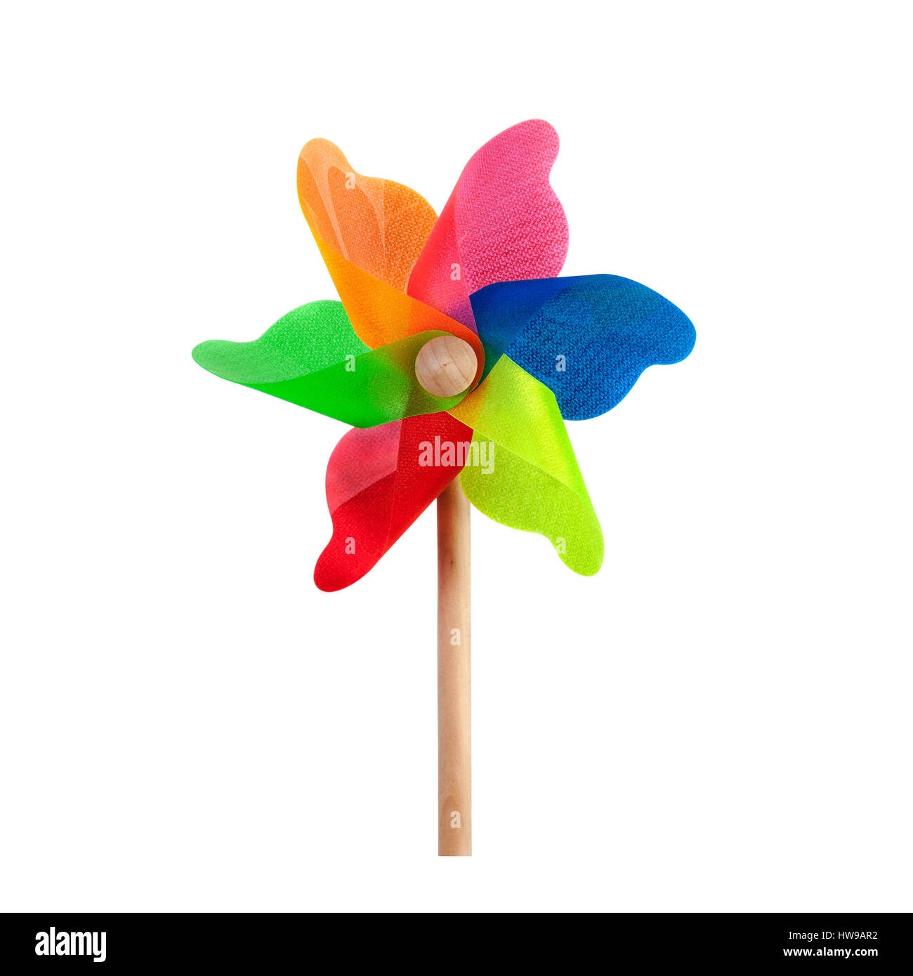 Pinwheel toy windmill multicolor garden wind spinner on white. Image included clipping path Stock Photo