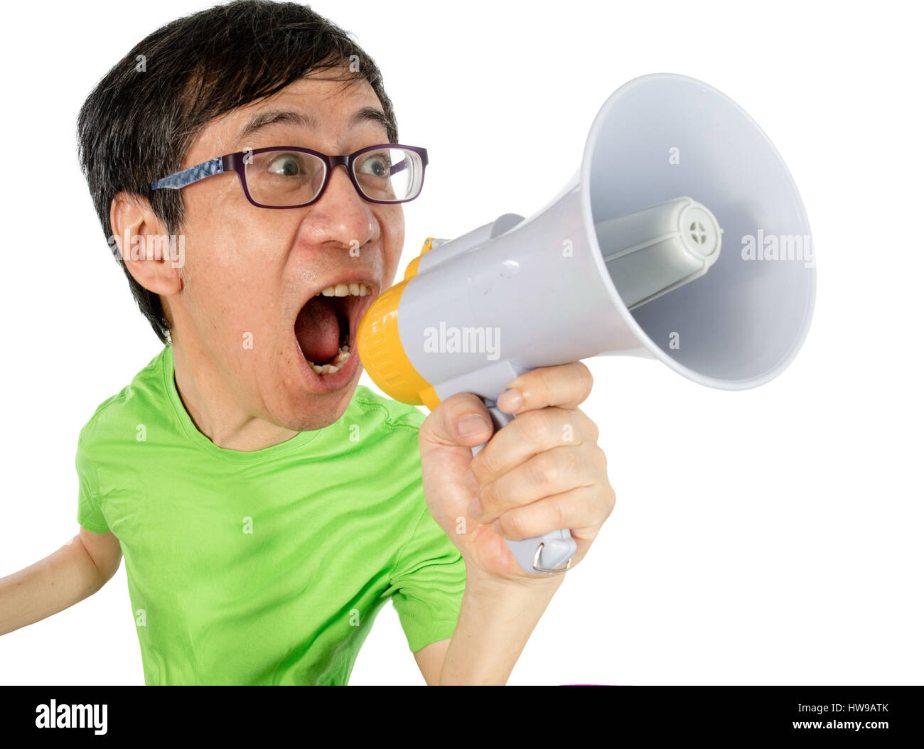 Asian Chinese Man Shouting with a Megaphone in isolated White