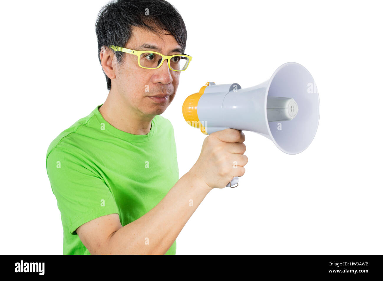 Asian Chinese Man Holding a Megaphone in isolated White Background