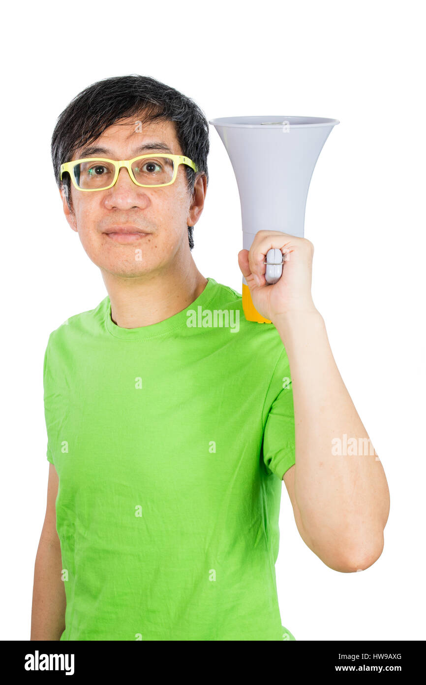 Asian Chinese Man Holding a Megaphone in isolated White Background