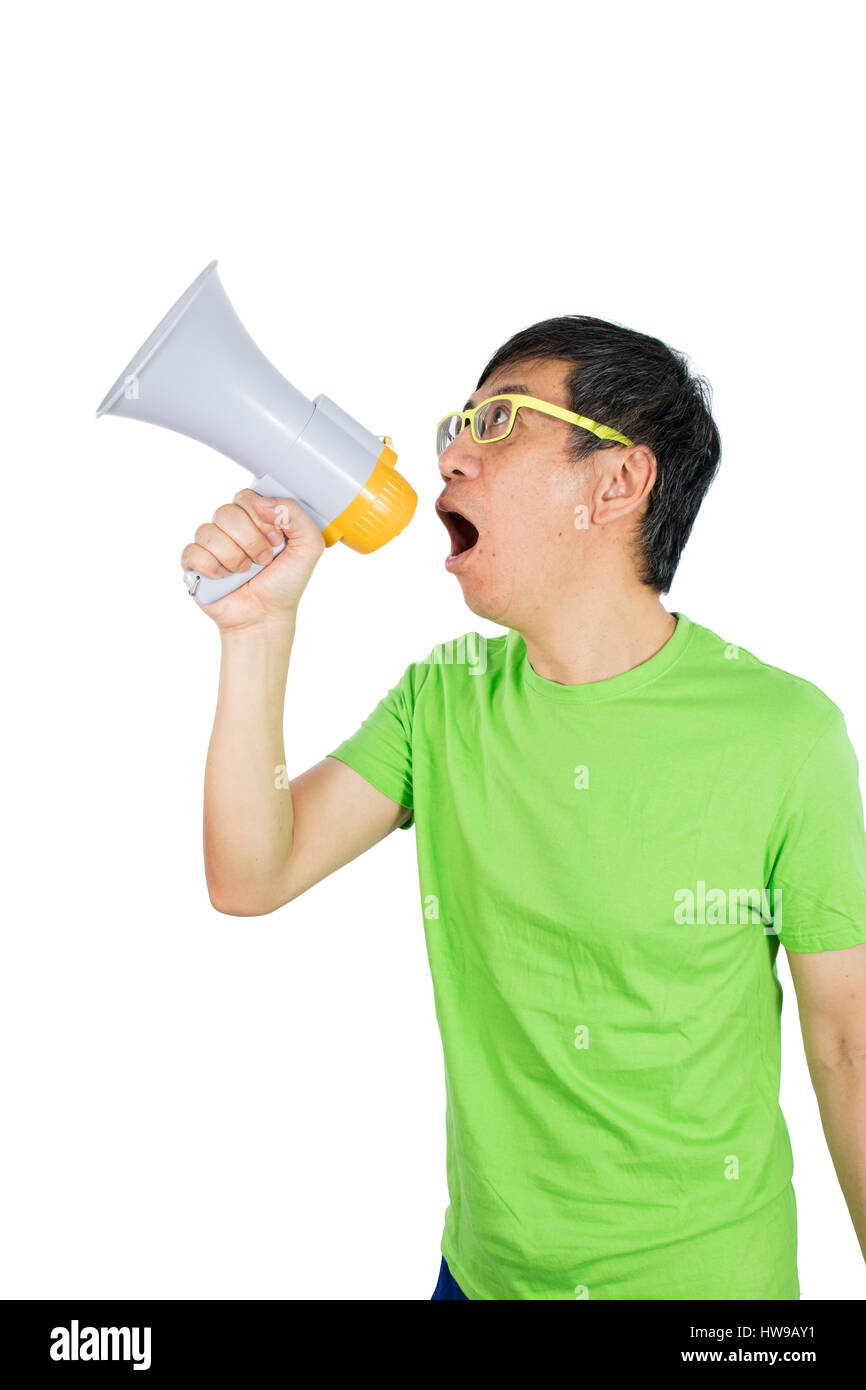 Asian Chinese Man Shouting with a Megaphone in isolated White