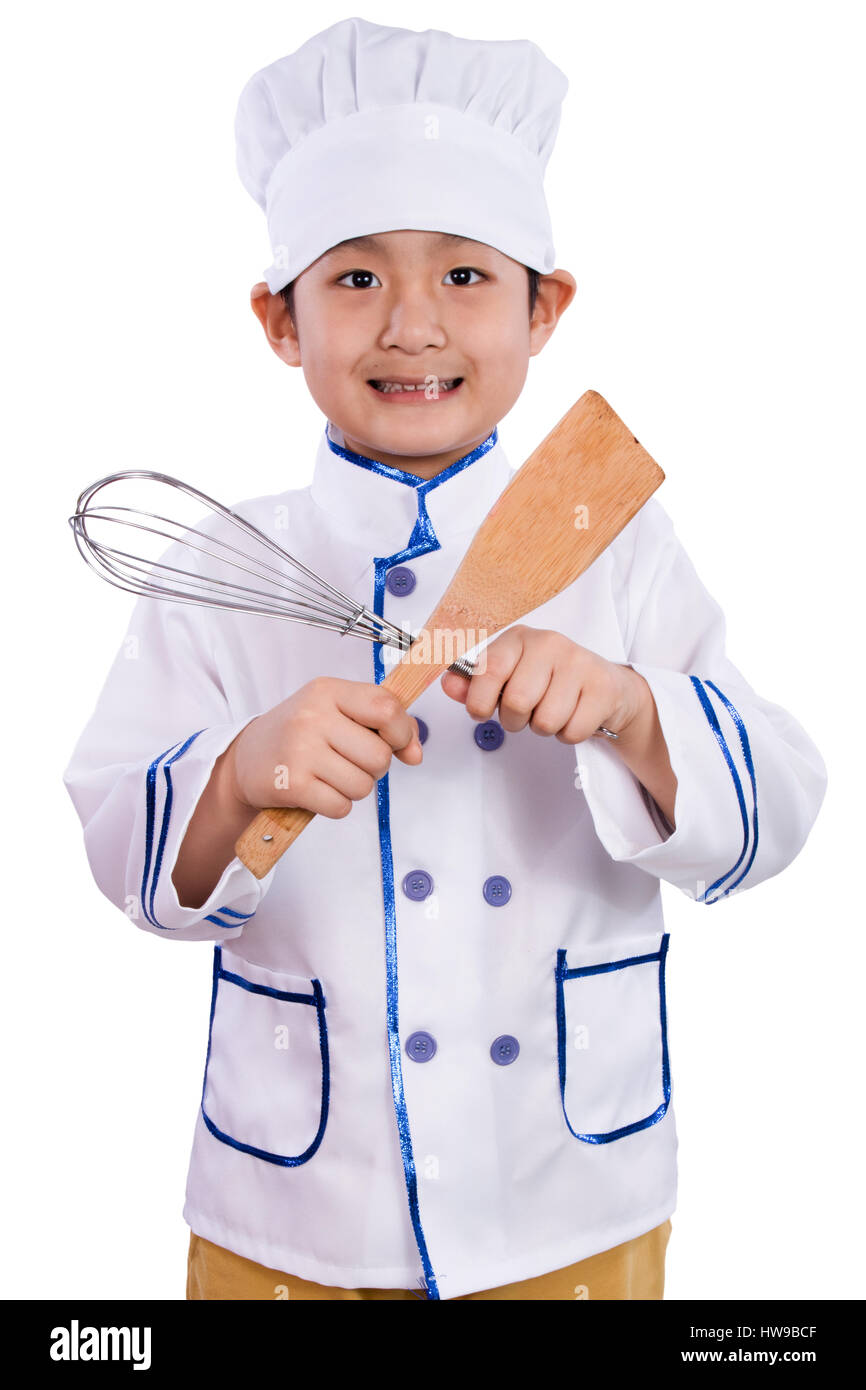 Asian Chinese Boy in White Chef Uniform Holding Baking Tools in