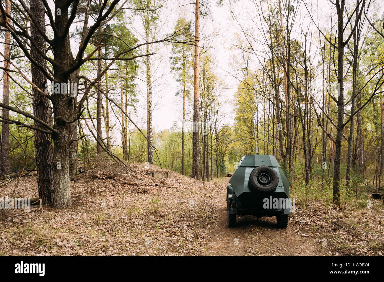Russian Armoured Soviet Scout Car BA-64 Of World War II In Spring Forest. Vehicle Of Red Army Stock Photo
