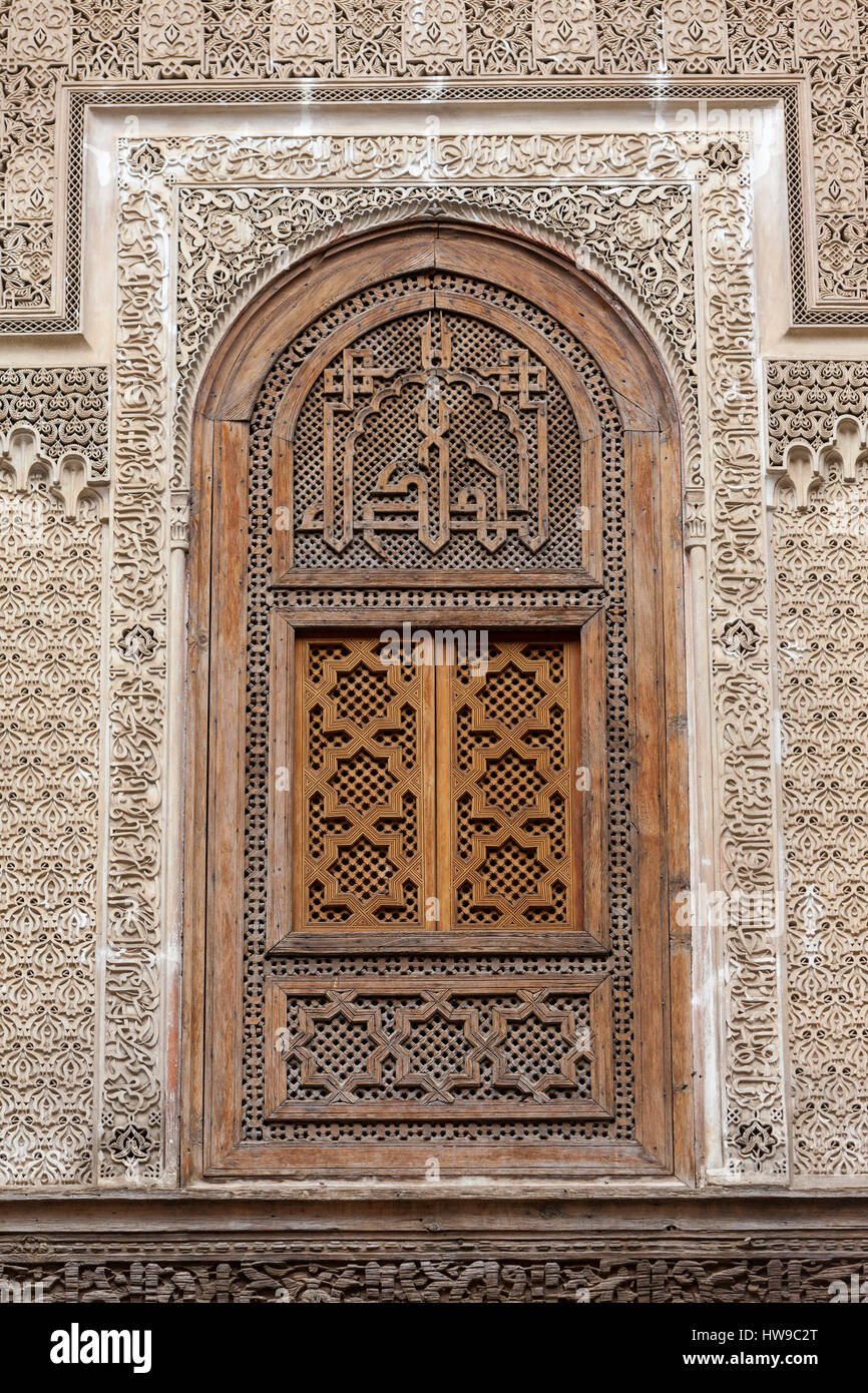 Fes, Morocco.  Carved Woodwork Decoration in the Attarine Medersa, Fes El-Bali. Stock Photo