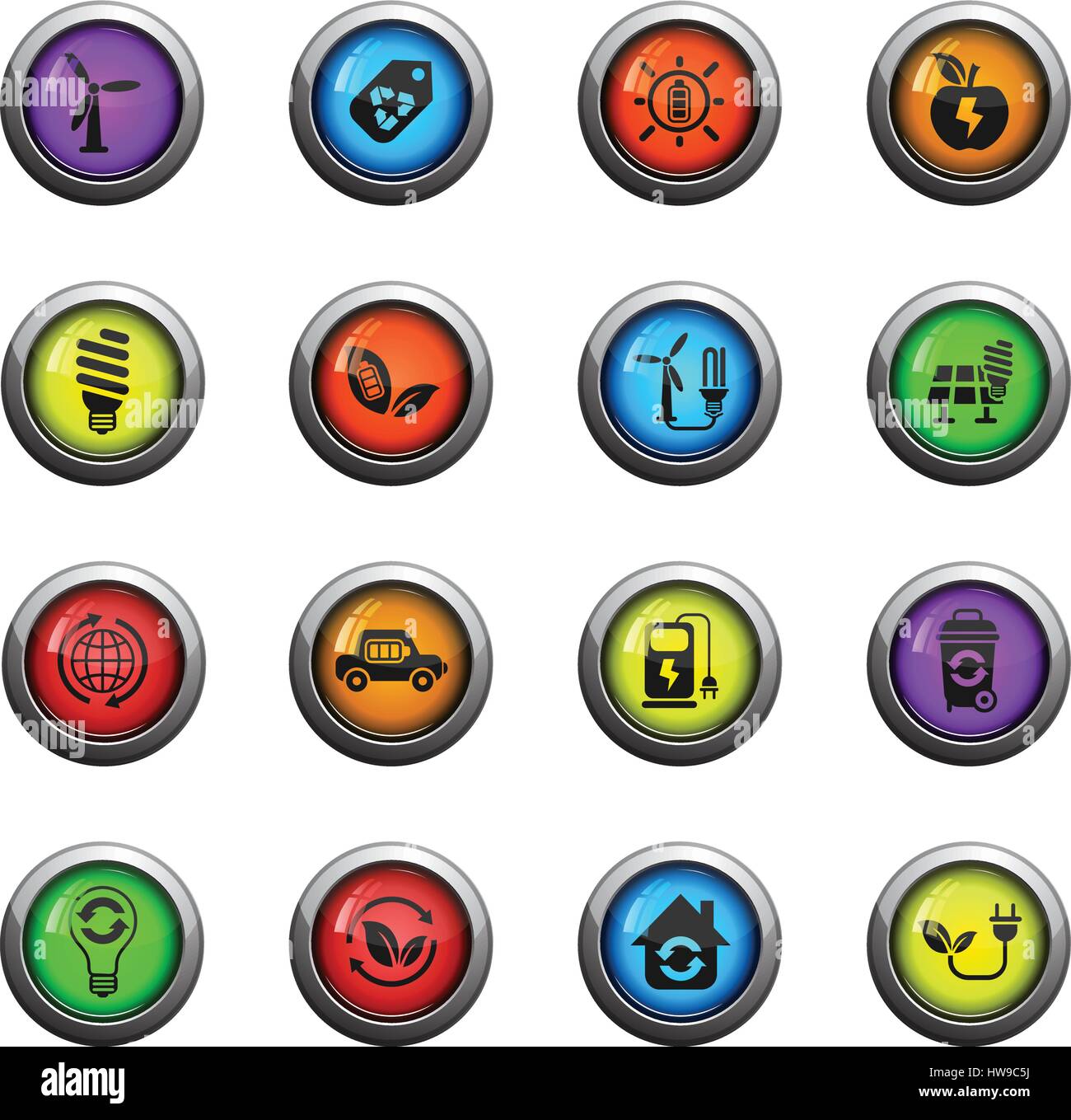 alternative energy icons on color round glass buttons for your design Stock Vector