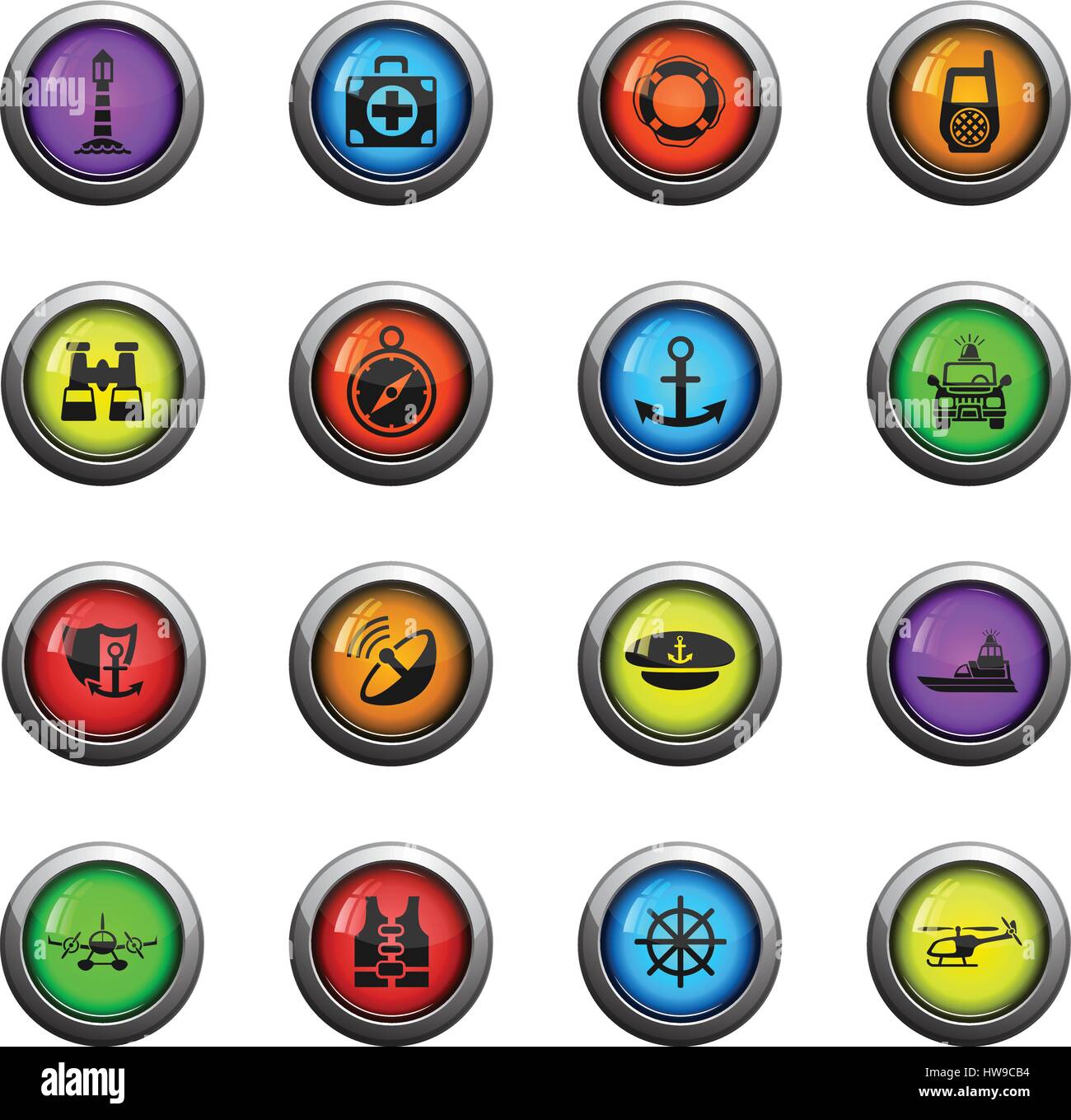 coastguard icons on color round glass buttons for your design Stock Vector