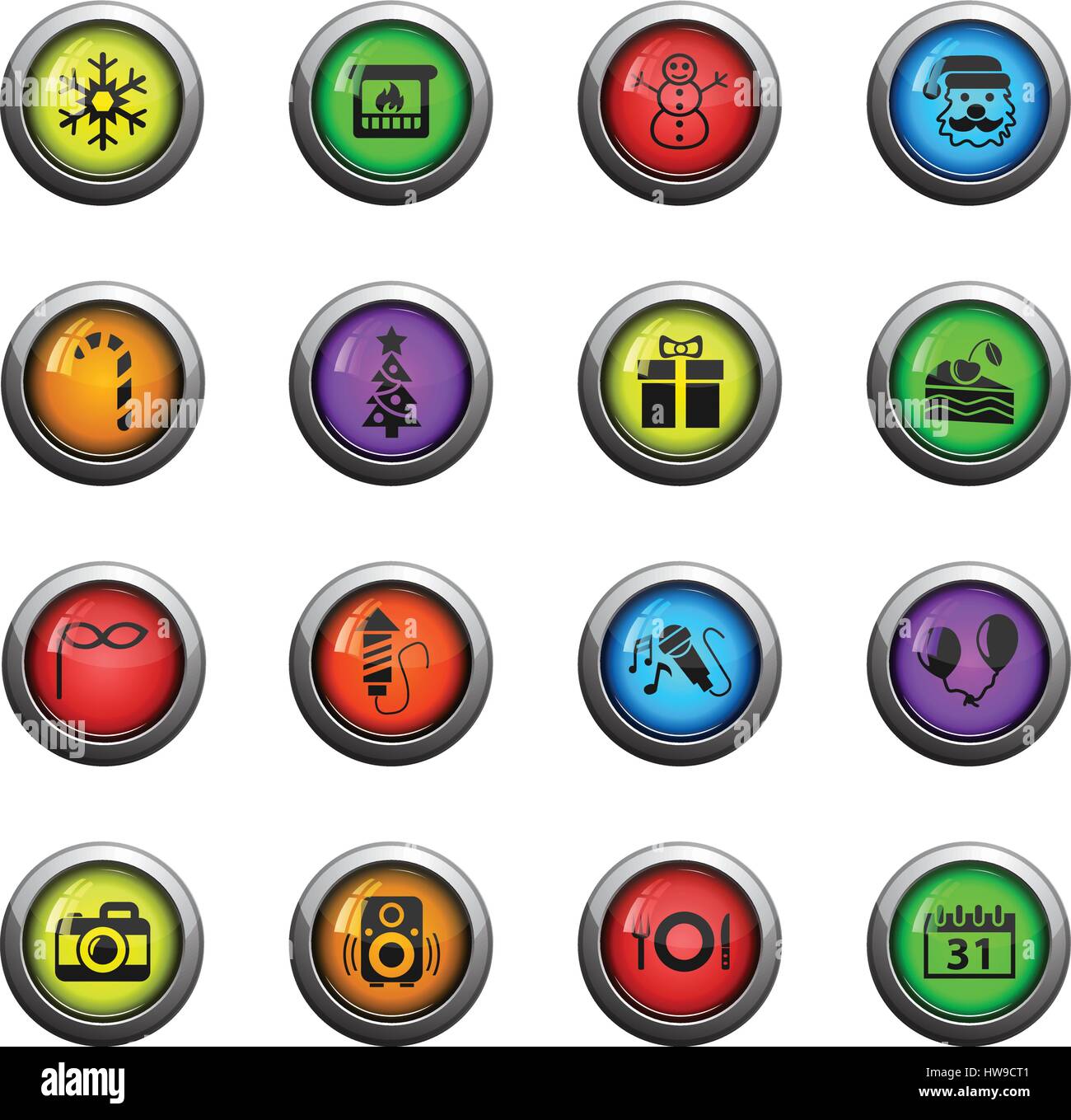 new year icons on color round glass buttons for your design Stock ...