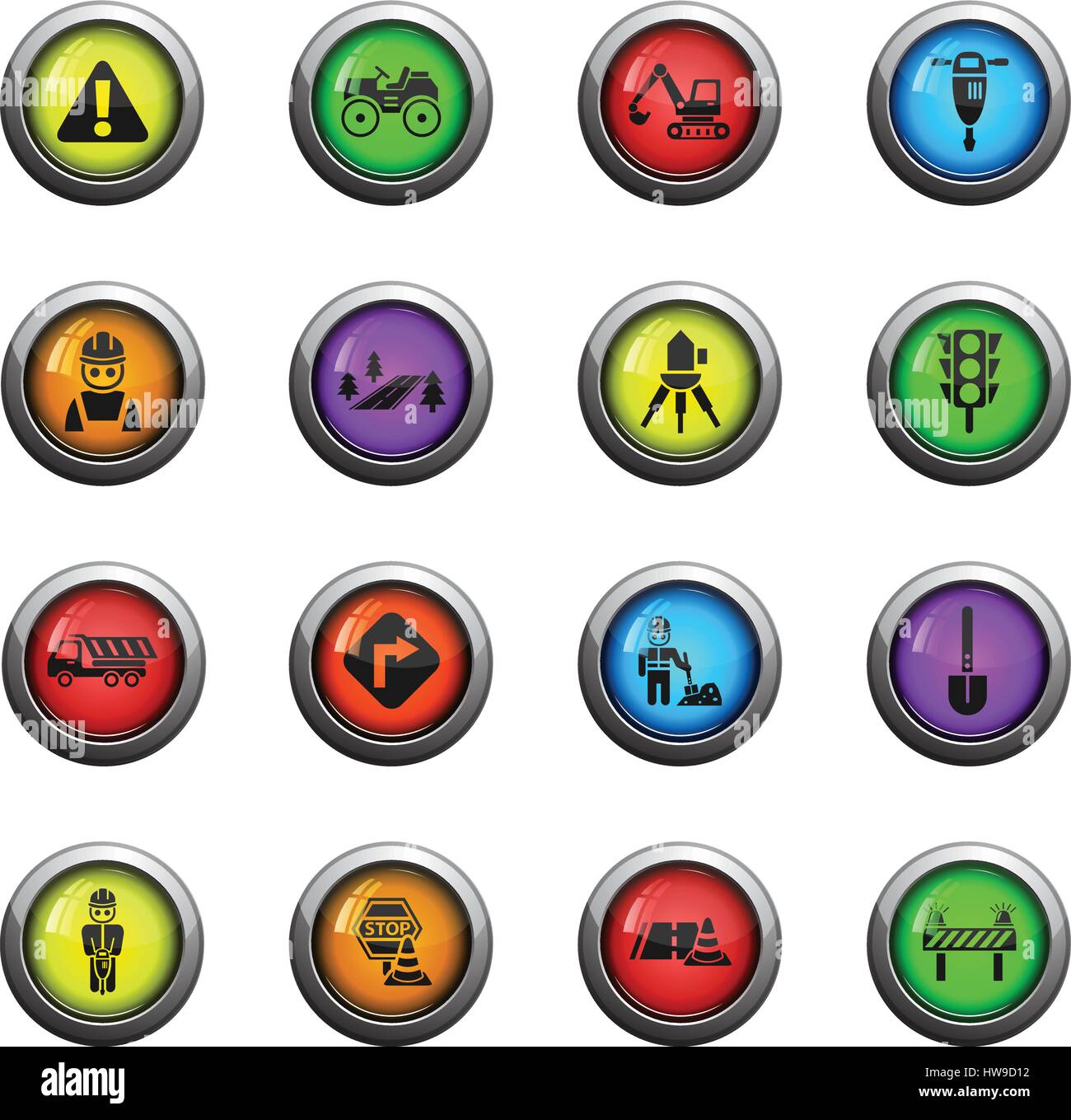 road repairs icons on color round glass buttons for your design Stock Vector