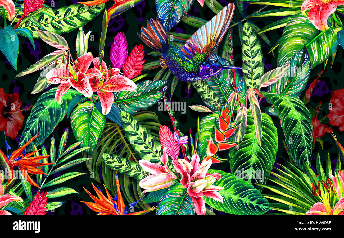 Seamless tropical floral pattern. Hand painted watercolor exotic leaves ...