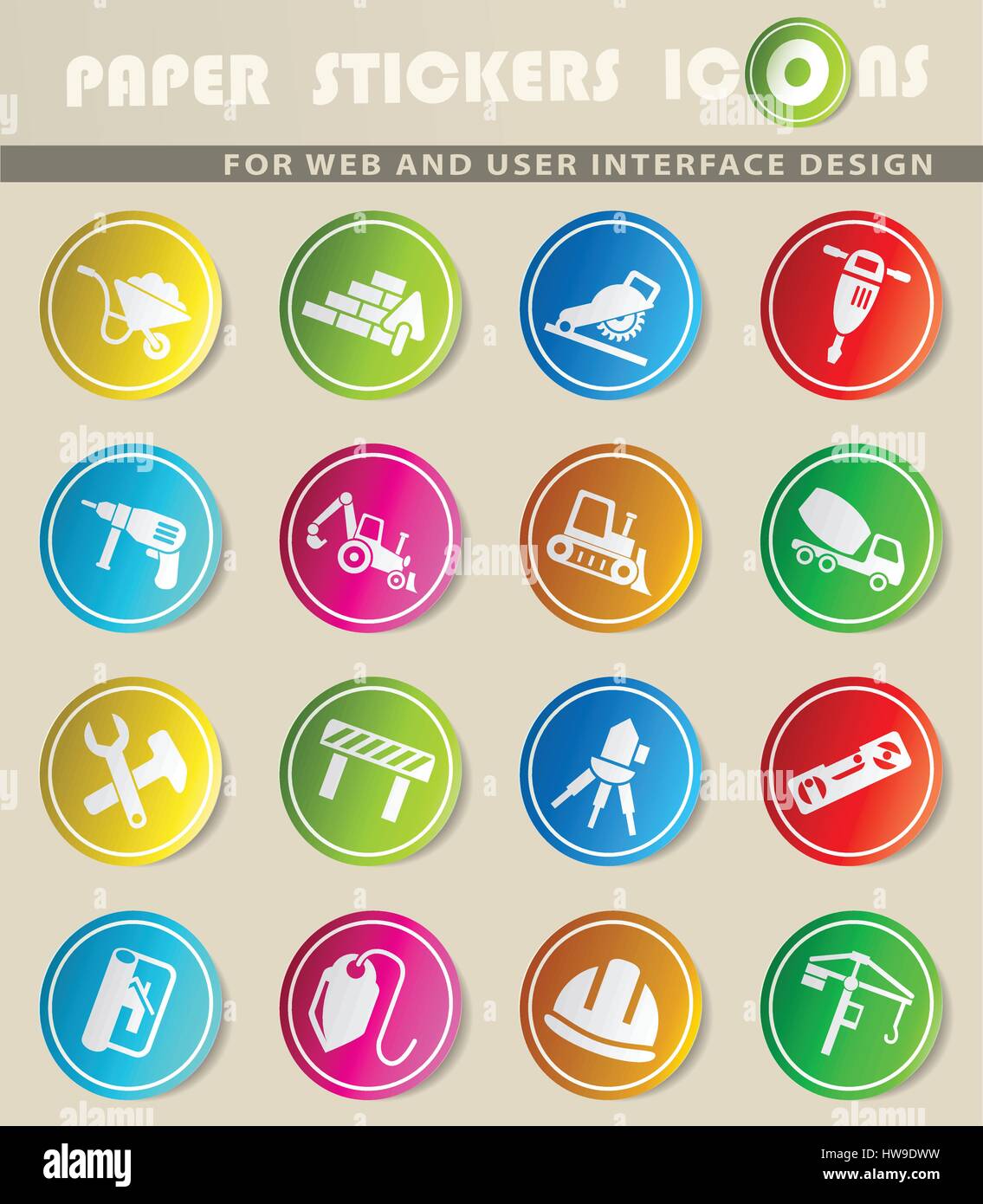 construction icons on color paper stickers for your design Stock Vector ...