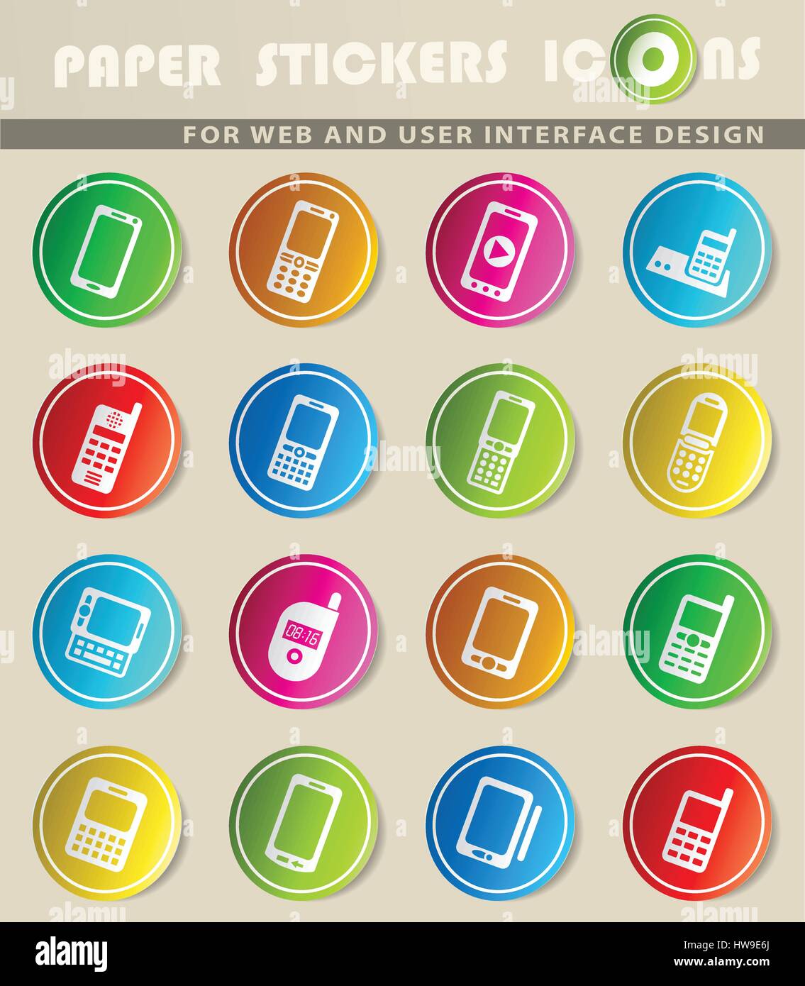 phones icons on color paper stickers for your design Stock Vector Image ...