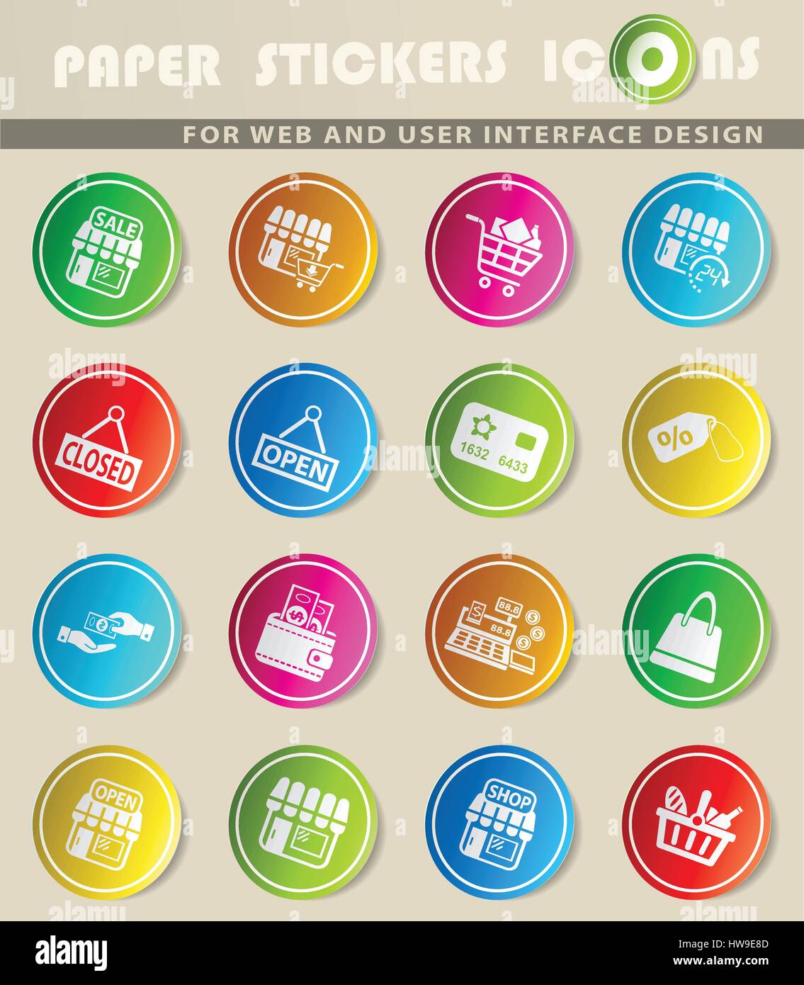 shop icons on color paper stickers for your design Stock Vector Image ...