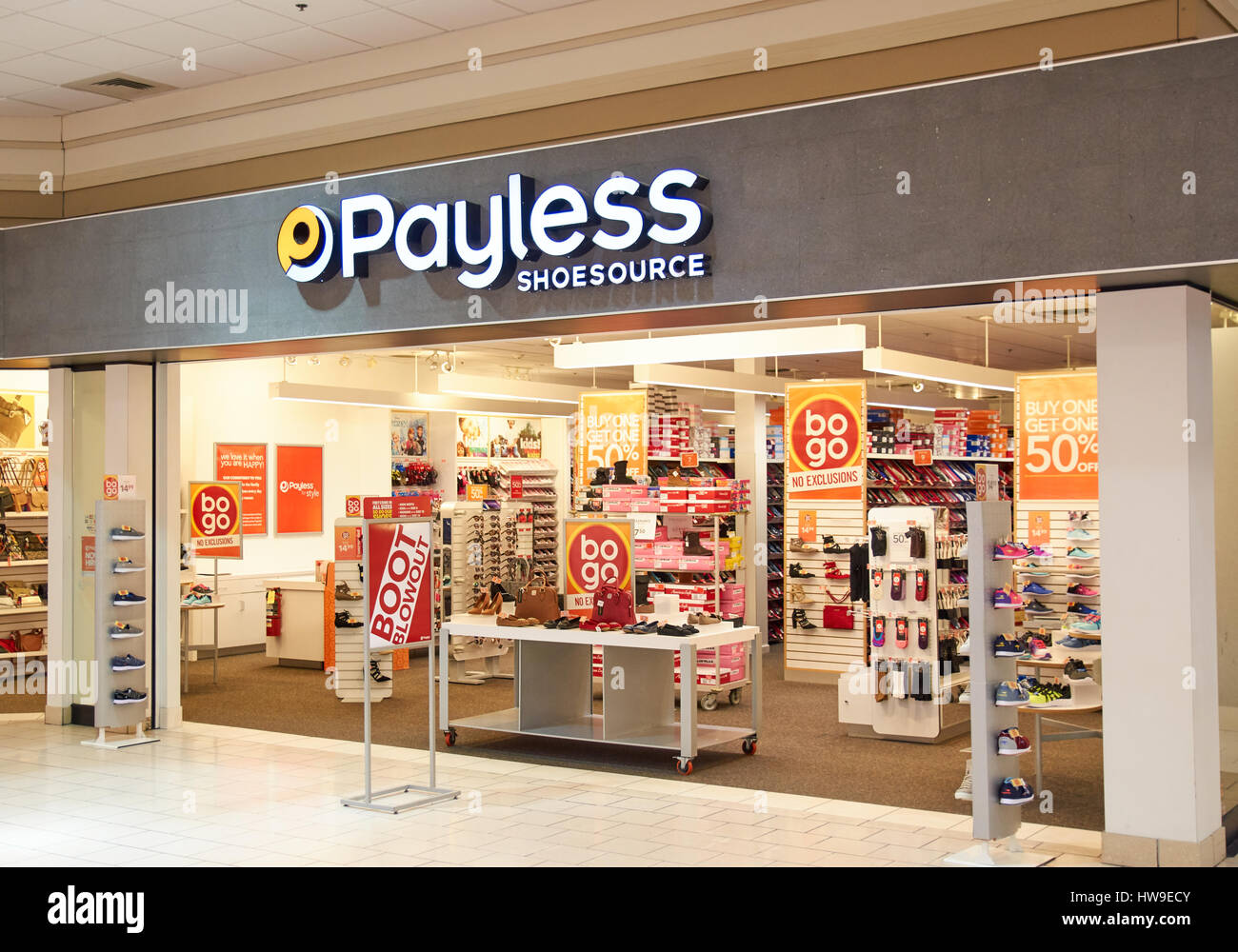 PLATTSBURGH, USA - MARCH 5, 2017 : Payless ShoeSource bootique. Payless ShoeSource Inc. is an American discount footwear retailer Stock Photo